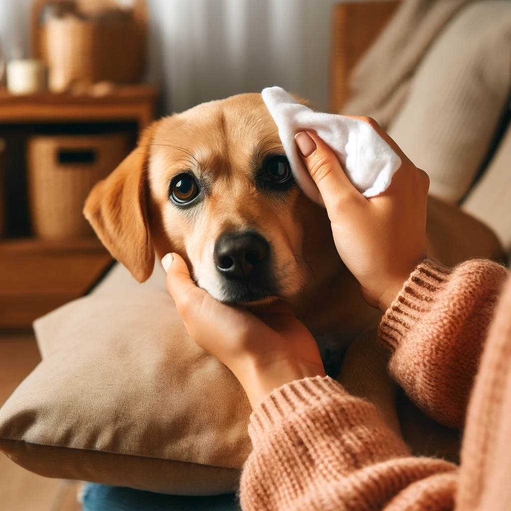 강아지 귀를 닦고 있는 보호자 모습