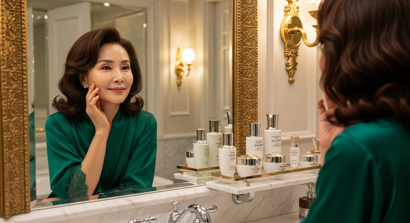 주름 없이 탄력 있고 건강한 피부를 가진 중년 여성의 미소, 자극 없는 안티에이징 관리의 결과