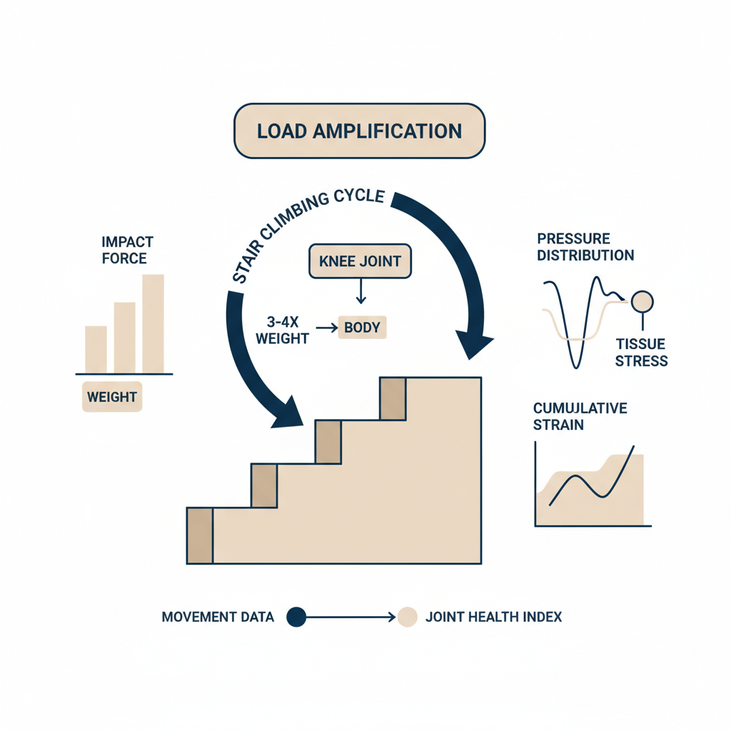 階段登時の膝関節負荷メカニズム：体重の3～4倍の力が集中