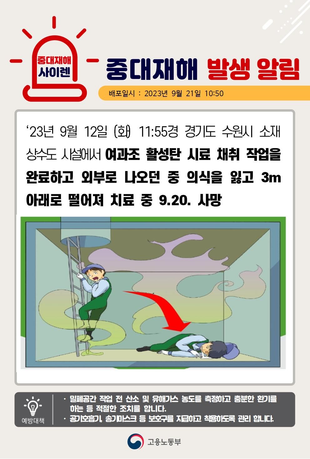 여과조에서 시료 채취 작업 후 사다리로 나오던 중 의식을 잃고 떨어짐