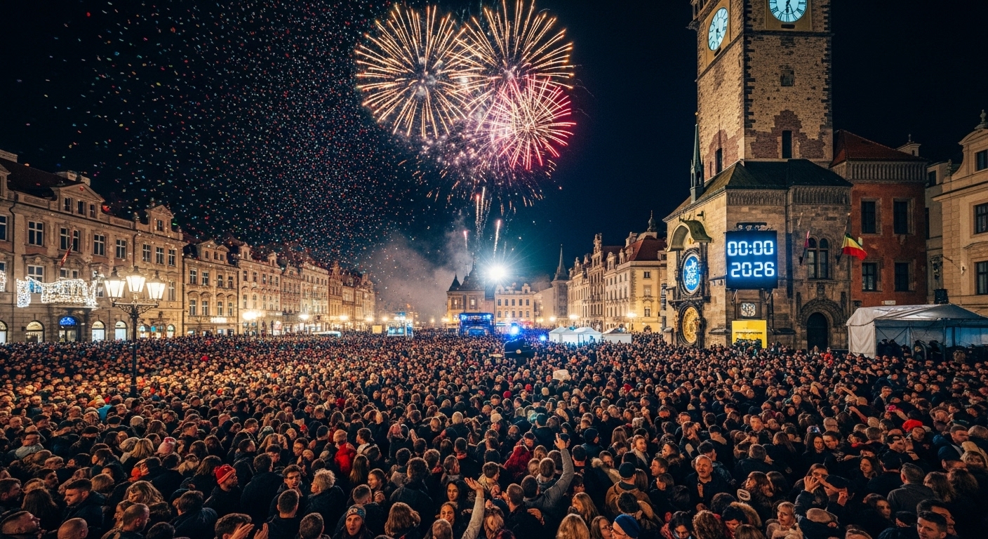 2026년 새해를 맞이하는 도시 광장에서의 신나는 카운트다운 축제와 불꽃놀이.