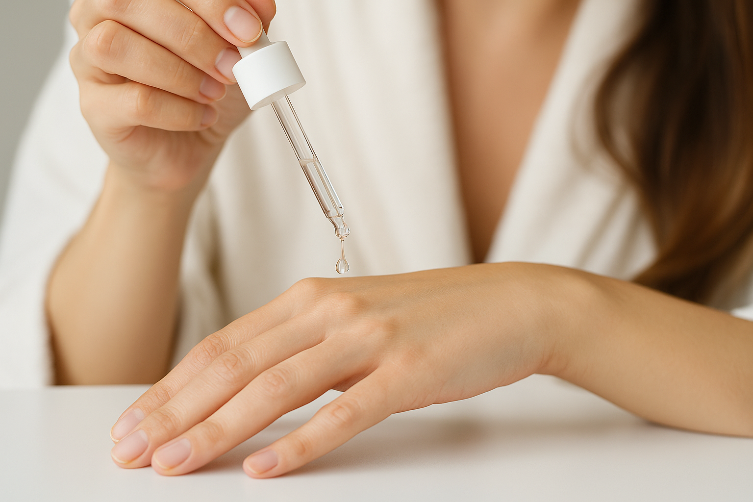 글루타치온성분 화장품을 손등에 발라보고 있는 여성