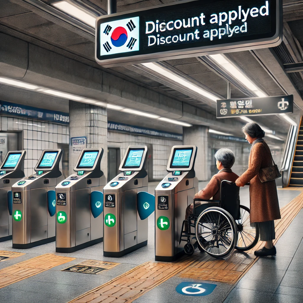 장애인과 보호자가 지하철 게이트에서 할인 적용 교통카드를 사용하는 모습. 