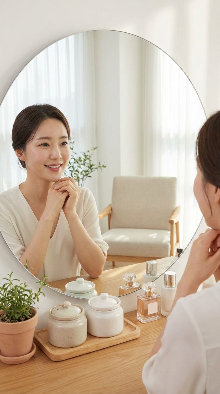 깔끔하고 세련된 화장대 앞에 자연스러운 메이크업을 한 여성이 거울을 보며 웃고 있는 모습