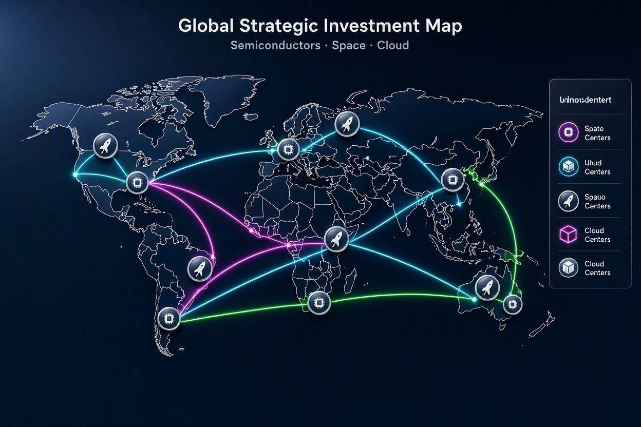 Global financial investment map connecting manufacturing hubs and tech infrastructure with glowing network lines.