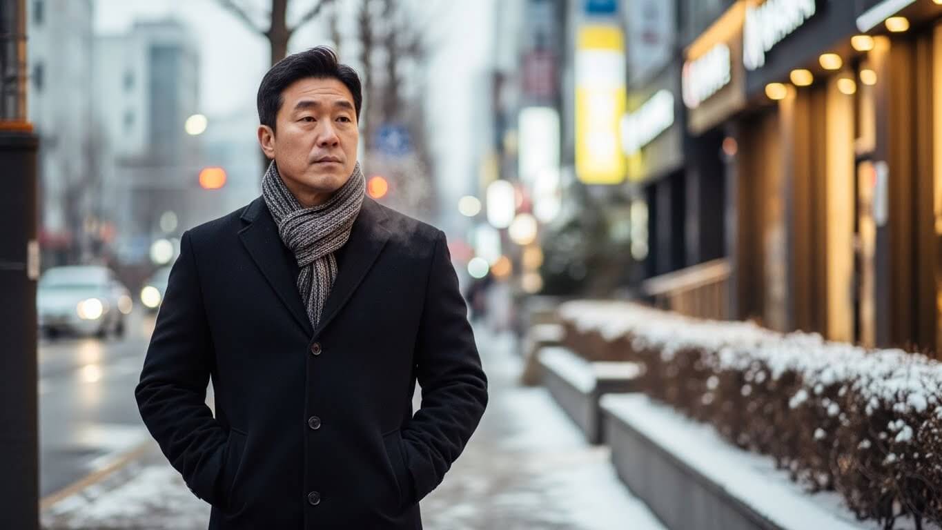 추운 겨울 거리에서 손발이 차가운 증상을 겪는 중년 남성
