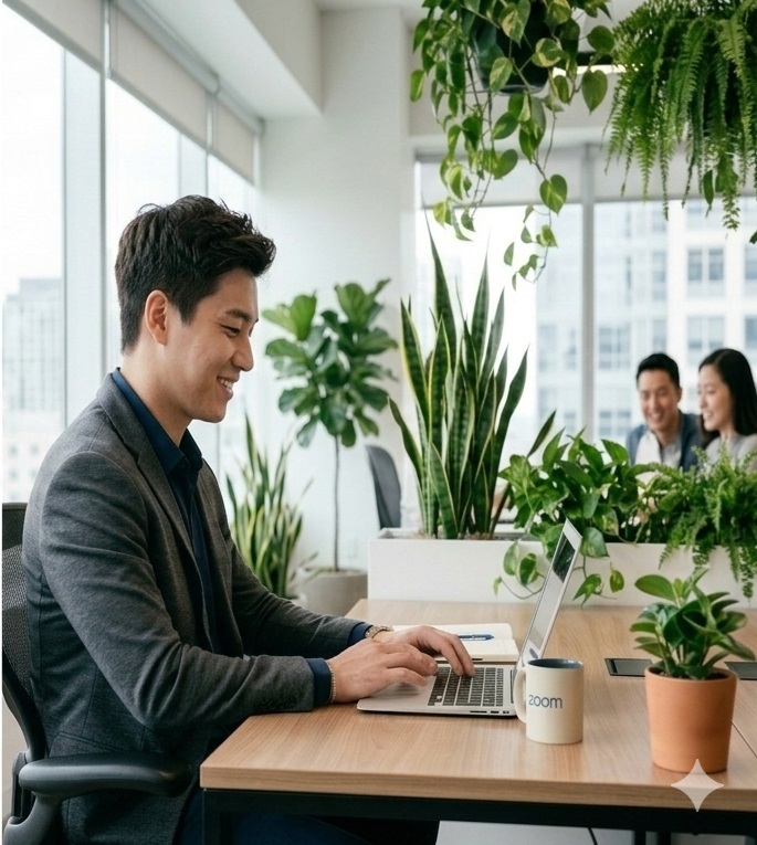 턱을 당기고 바른 자세로 앉아 목 통증에서 해방된 밝은 표정의 직장인