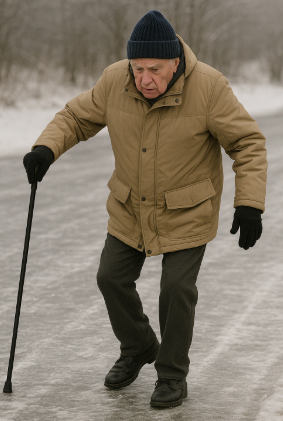 빙판길을 위태롭게 걷고 있는 노인