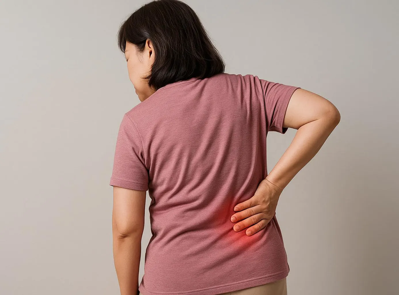 한쪽 허리를 손으로 짚고 아파하는 중년 여성