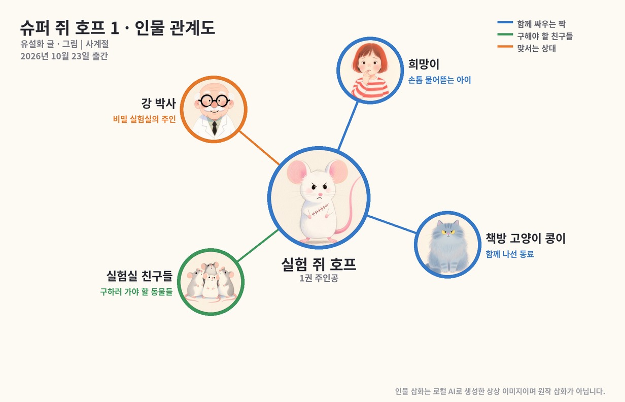슈퍼 쥐 호프 1 인물관계도: 호프, 희망이, 책방 고양이 콩이, 강 박사, 실험실 친구들