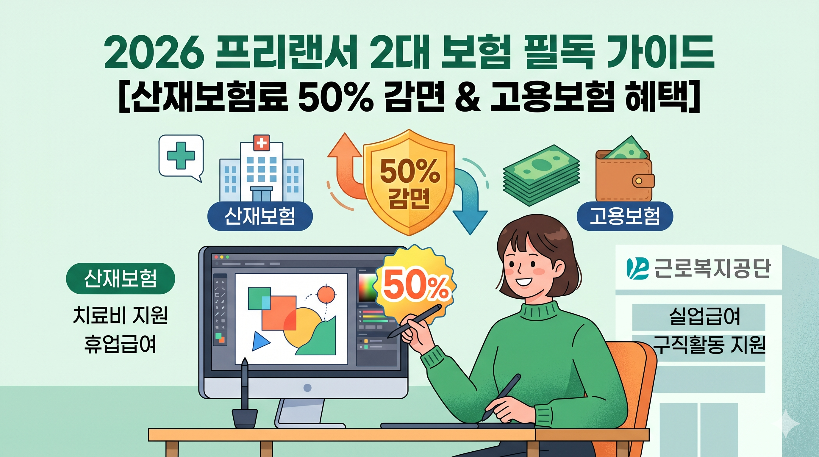 2026년부터 전 업종으로 확대된 프리랜서 산재보험료 50% 감면 제도와 고용보험 실업급여 혜택을 한눈에 보여주는 요약 이미지입니다.