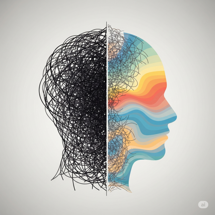 사람의 머리 모양의 옆모습과 반은 검은선, 나머지 반은 알록달록한 색깔로 마치 무지개처럼 표현한 이미지