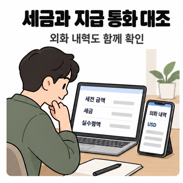남성이 노트북의 세전 금액과 세금, 실수령액을 확인하며 스마트폰의 USD 외화 내역을 함께 살펴보는 그림