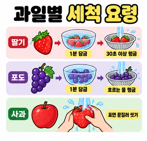 딸기는 1분 담금 후 30초 이상 헹굼, 포도는 1분 담금 후 흐르는 물 헹굼, 사과는 표면 문질러 씻기로 비교한 이미지