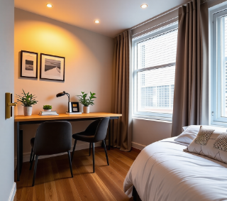 침대와 책상이 한 방에 자리한 작은 아파트