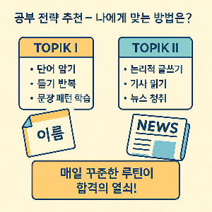 TOPIK I과 II를 위한 맞춤형 공부 전략을 정리한 고화질 인포그래픽 이미지, 쓰기·듣기·문제 유형별 핵심 포인트 시각화