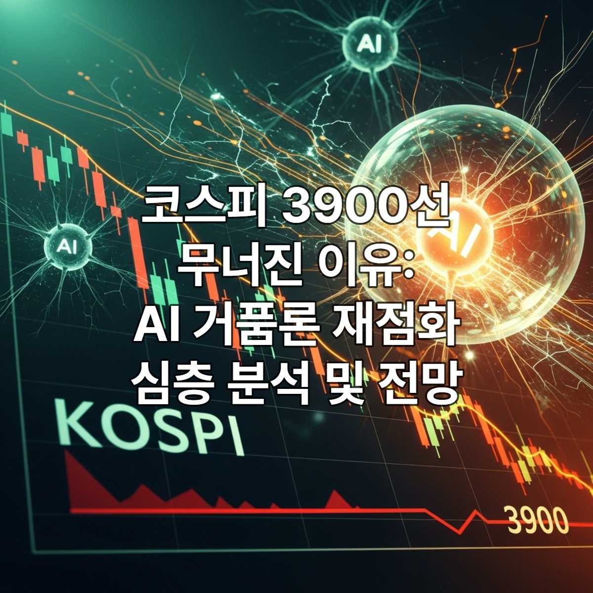 2025년 코스피 3900선 붕괴와 AI 거품론 재점화를 상징하는 그래프와 인공지능 관련 이미지가 결합된 긴급 진단 삽화.