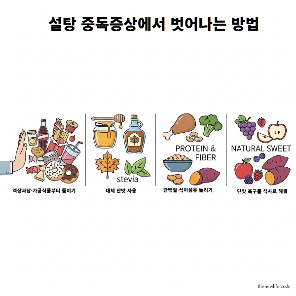 "설탕 중독 증상에서 벗어나는 방법 – 액상과당·가공식품 줄이기, 대체 단맛 사용, 단백질·식이섬유 늘리기, 천연 당분 식품으로 단맛 욕구 해결을 설명하는 인포그래픽"