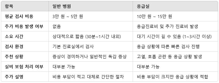 독감 검사 비용 실비 응급실 병원 비교