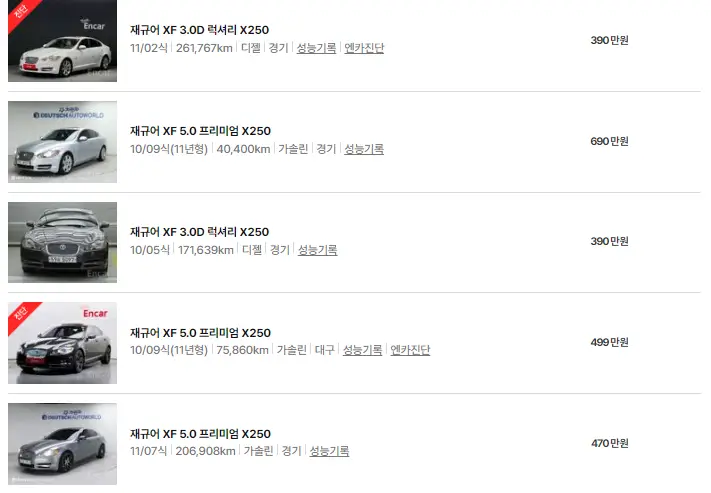 재규어 XF (08년 ~ 11년) 중고차 가격