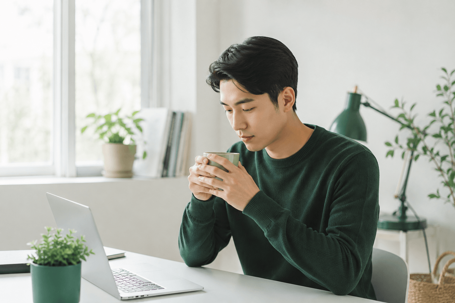 밝은 미니멀 책상에 앉은 30대 남성이 양손으로 따뜻한 녹차를 들고 차분히 생각에 잠긴 모습. 창가의 아침 햇살과 노트북, 작은 화분이 평온한 집중 상태