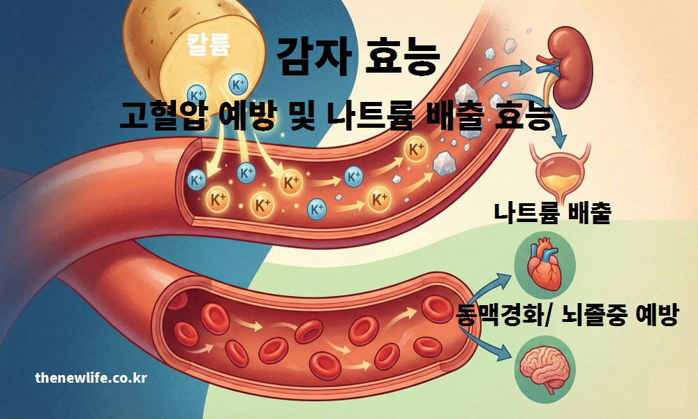 감자의 풍부한 칼륨(K) 성분이 혈관 내 나트륨을 흡착하여 소변으로 배출시킴으로써 고혈압, 동맥경화, 뇌졸중을 예방하는 과학적 원리를 설명한 인포그래픽