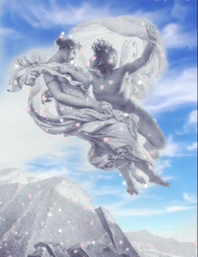 영원한 잠에 빠진 프시케를 구해 하늘나라로 올가가는 에로스.