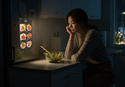 늦은 밤, 차가운 샐러드에 지쳐 배달 음식을 고민하는 한국 여성의 모습. 다이어트 실패와 집밥의 중요성을 시사합니다.