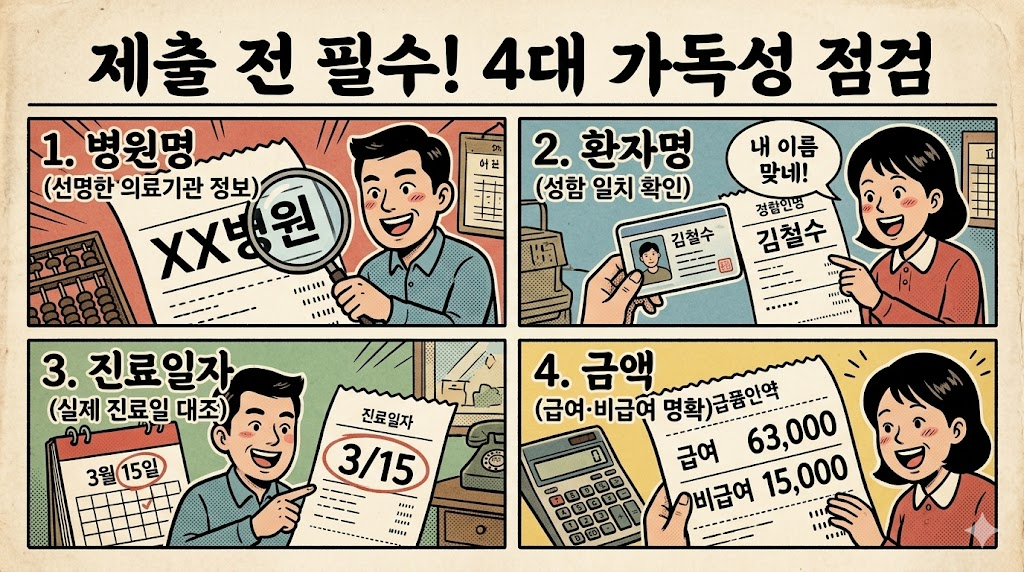 제출 전 병원명, 환자명, 진료일자, 금액 등 핵심 정보 식별 여부를 점검하는 체크리스트 이미지