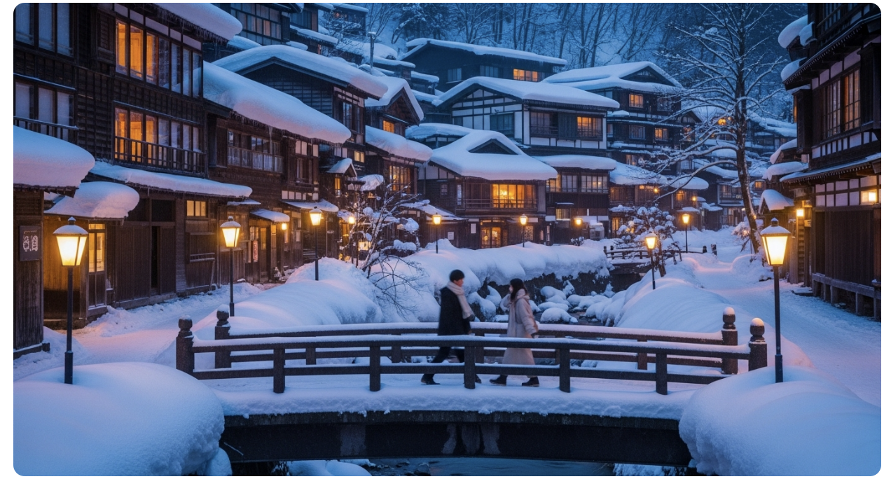 밤에 가스등이 켜져 신비로운 분위기를 자아내는 야마가타 긴잔 온천 마을의 눈 덮인 풍경