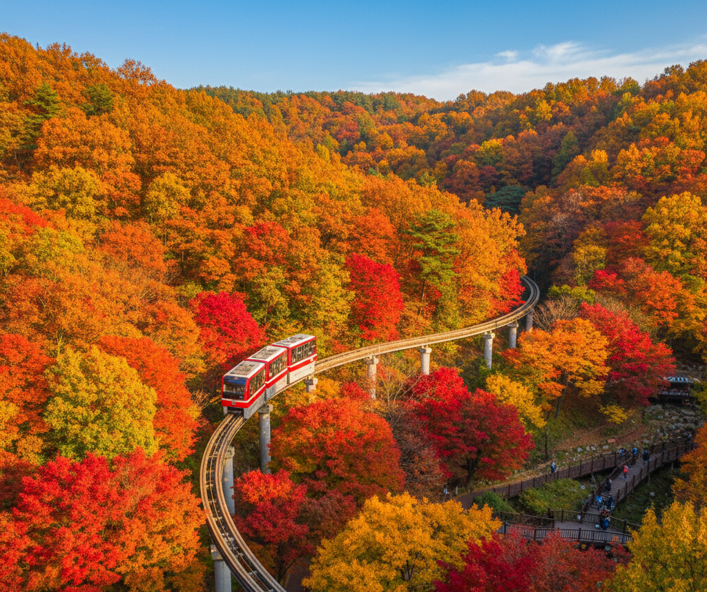 화담숲 단풍열차가 오색 단풍 사이를 달리는 모습