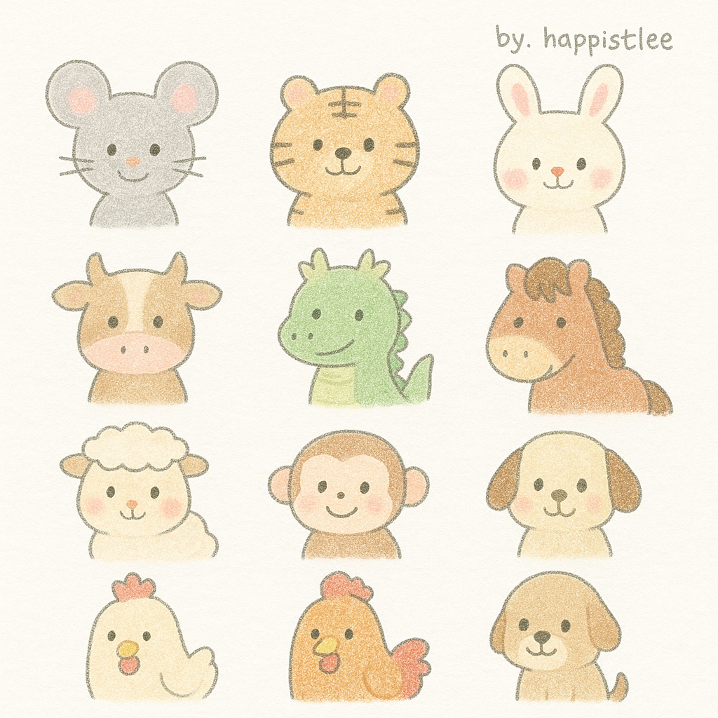 12가지 띠(12간지)를 한눈에 보여주는 일러스트