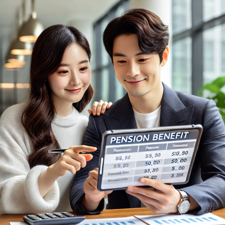 젊은 부부가 태블릿을 이용해 미래 연금 혜택을 계산하는 모습