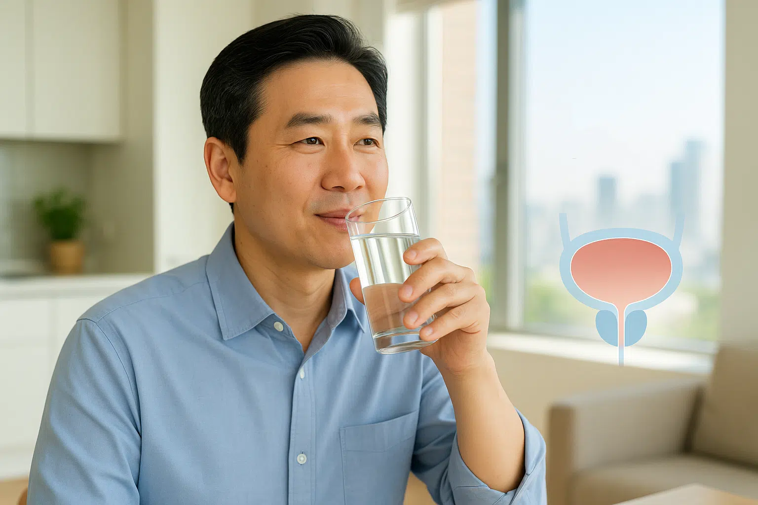 투명한 유리컵에 담긴 물을 들고 마시는 중년 남성, 맑은 표정, 배경에 요도와 전립선의 해부학적 위치를 간단히 표시, 하루 수분 섭취의 중요성을 강조하는 인포그래픽