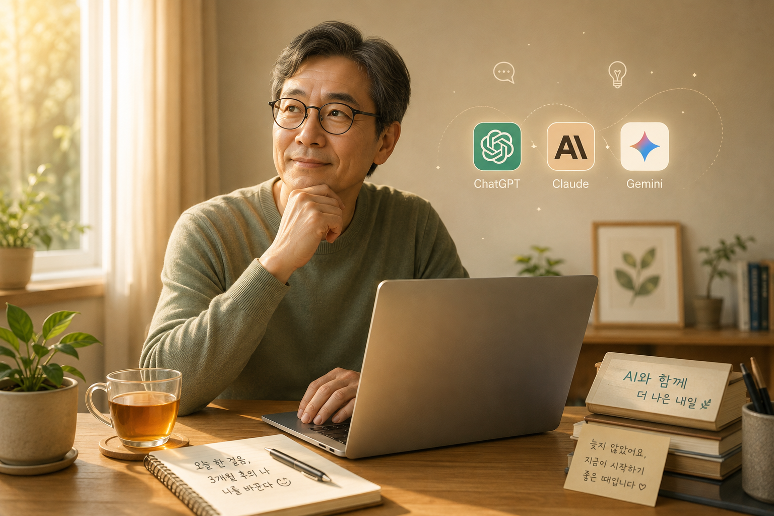 50대 직장인이 노트북 앞에서 AI 도구들(ChatGPT, Claude, Gemini)과 함께 준비하는 모습