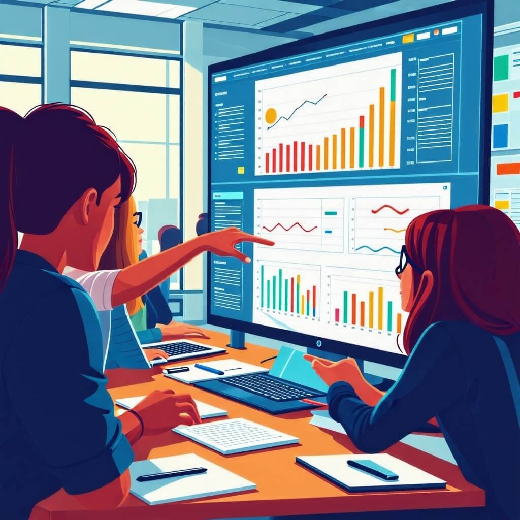 AI 학습 결과 분석: 학생들이 AI 프로그램을 통해 학습한 내용을 분석하고, 성과를 시각적으로 확인하는 모습. 그래프나 차트가 화면에 나타나 있는 장면.