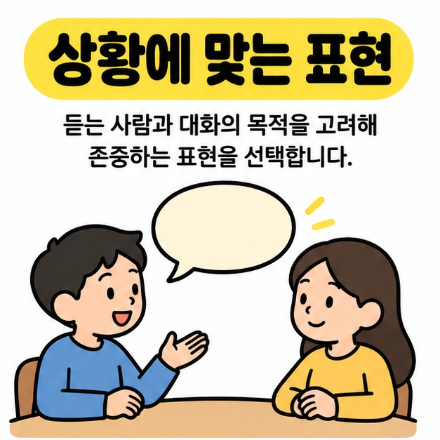상황에 맞는 표현이라는 제목 아래 두 사람이 책상을 사이에 두고 대화하는 그림
