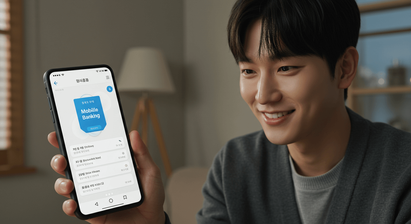 모바일 뱅킹 앱 화면을 카메라 쪽으로 보여주며 미소 짓는 20대 한국 남성의 모습. 실내 공간에서 스마트폰 화면을 들고 있으며, 화면에는 'Mobile Banking'이라는 문구가 선명하게 보임.