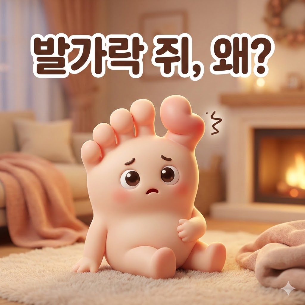 발가락 쥐가 나서 불편해하는 귀여운 발 캐릭터가 따뜻한 공간에 앉아있는 모습