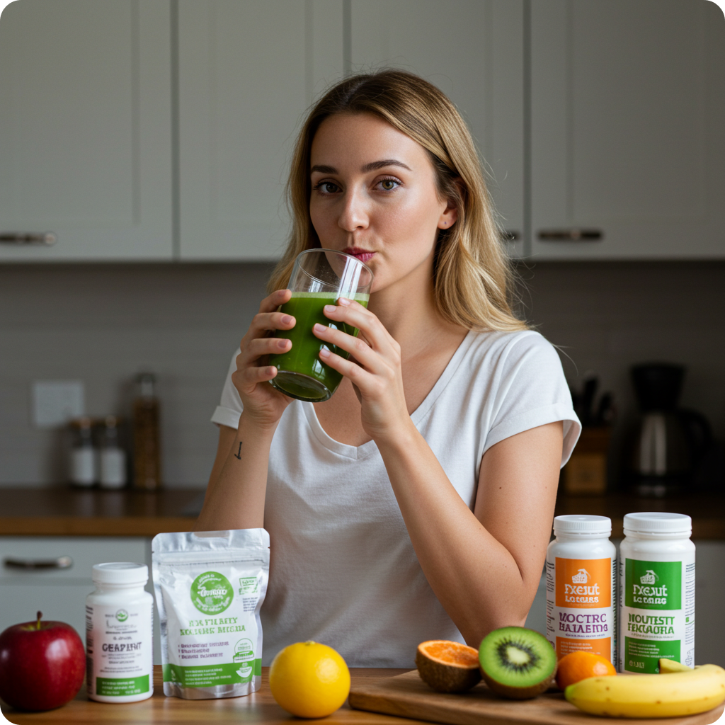 장 건강과 피부를 위한 해독주스를 마시는 건강한 여성의 모습