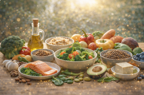 건강한 음식의 풍성한 정갈한 배열