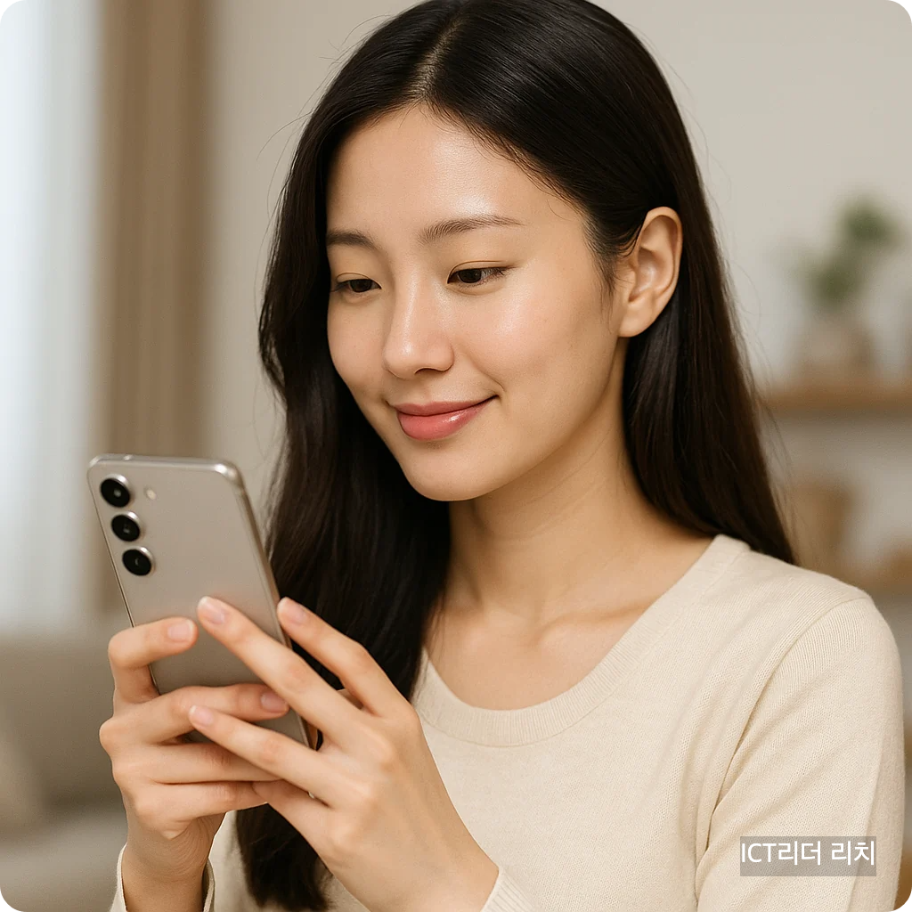 갤럭시 스마트폰을 조작하는 자연스러운 20대 강남 여성의 클로즈업 이미지