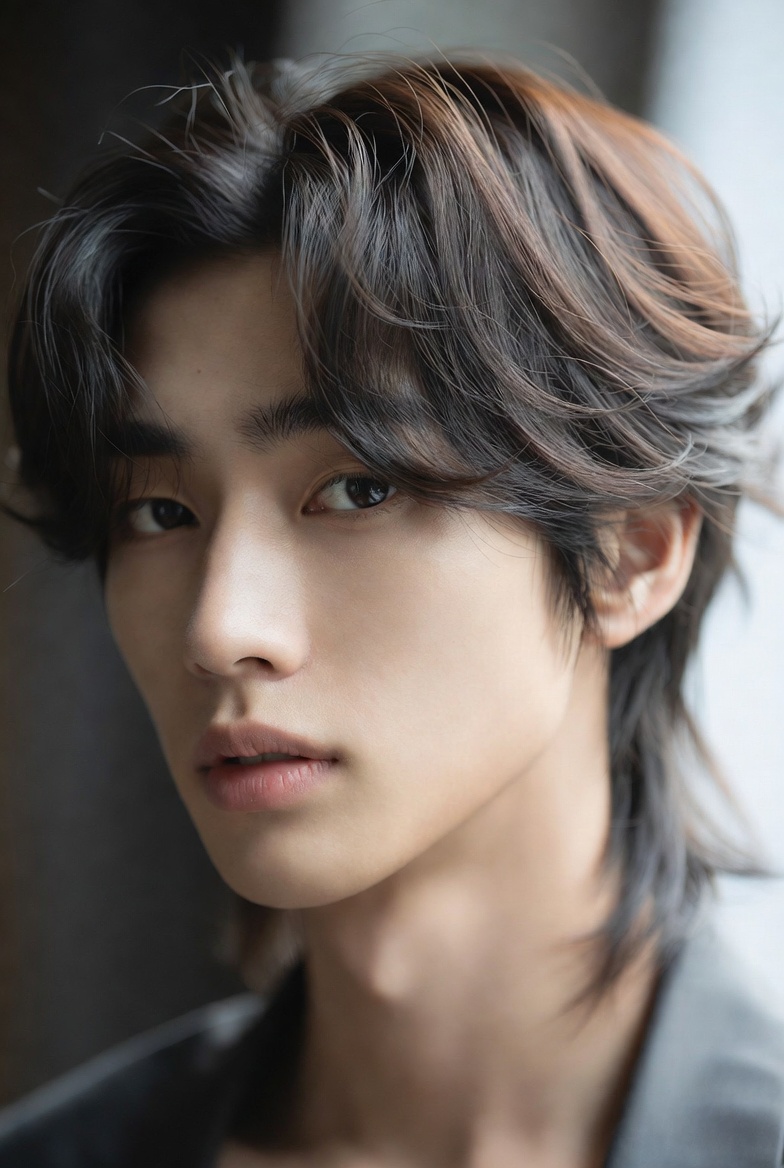 부드러운 웨이브가 들어간 남성 새도우 리프컷 스타일