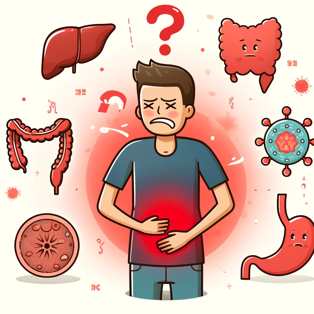 갑작스러운 복통으로 아파하는 사람과 여러 원인 질환들을 표현한 이미지