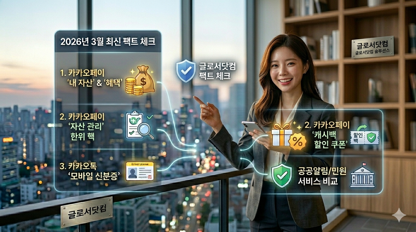 "💸 2026년 3월 최신 팩트 체크: 카카오톡, 네이버 앱 속 나만 몰랐던 유용한 생활 솔루션 5가지를 직관적으로 보여주는 거대한 홀로그램 인포그래픽을 전신 앞모습의 '그녀'가 설명하는 역동적인 중간 이미지입니다. 전문성을 높이고 호기심을 자극하는 비주얼 자료입니다. (글로서닷컴 제공)"