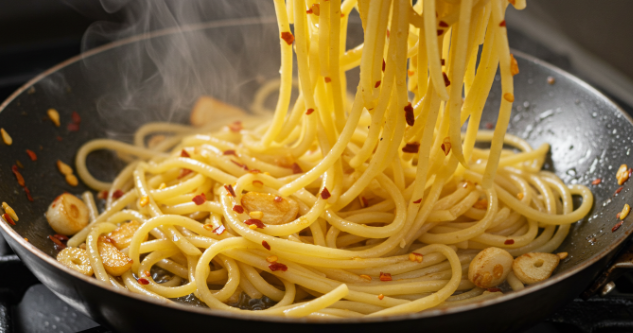 노릇한 마늘과 페퍼론치노가 들어있는 팬에 삶은 파스타면이 들어가 볶아지고 있는 모습