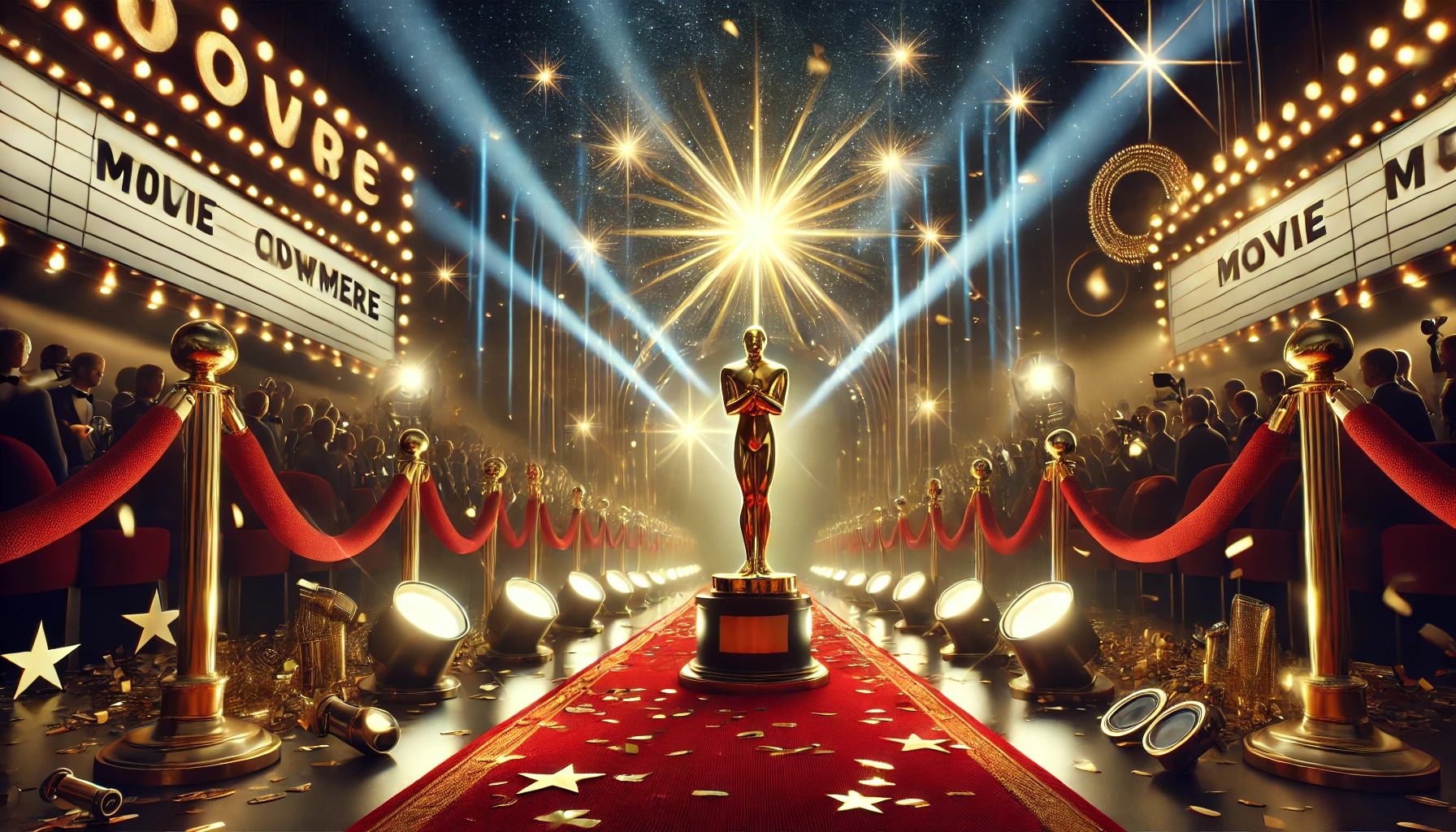 가운데에 레드카펫 위에 오스카 상이 있는 사진