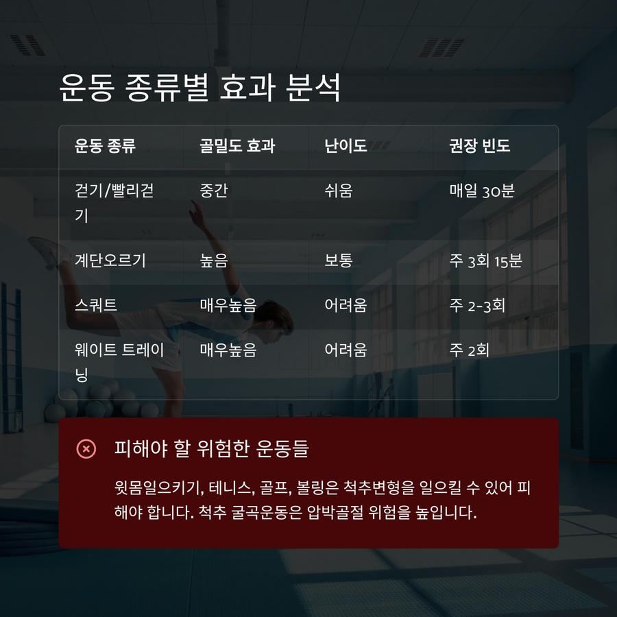 운동 종류별 효과와 난이도 분석 표