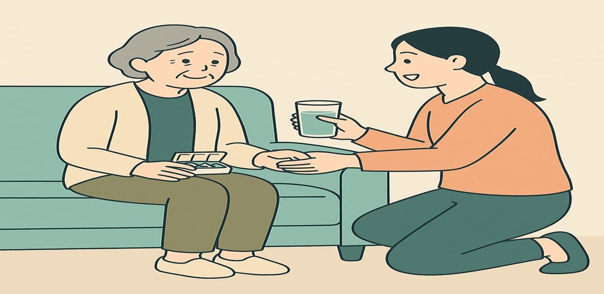 거실 소파에 앉은 어르신에게 생활지원사가 물을 건네주는 모습 – 노인맞춤돌봄서비스의 따뜻한 일상 장면을 단순하게 표현