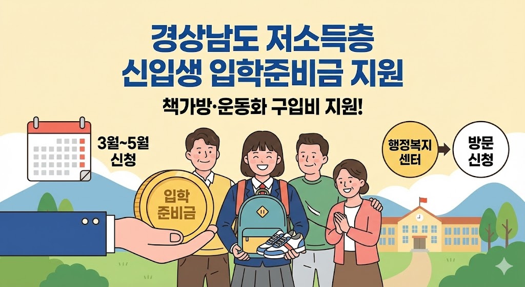 경상남도 저소득층 초·중·고 신입생 입학준비금(운동화, 책가방 구입비) 지원 안내 인포그래픽. 3월~5월 신청 기간 정보가 포함된 이미지.